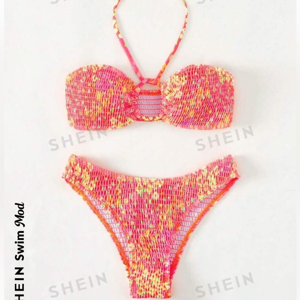 SHEIN floral swimsuit bikini 2-piece orange yellow neon swimwear bandeau top XS - Picture 7 of 10